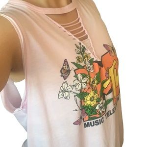 MTV Pink V-Neck Sleeveless Tank Top Graphic Floral Tank